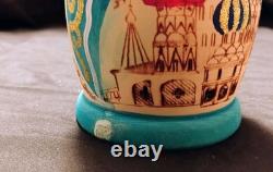 Vtg Beautiful Hand Painted Russian Matryoshka Wooden Nesting Doll Blue & Gold