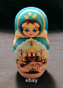 Vtg Beautiful Hand Painted Russian Matryoshka Wooden Nesting Doll Blue & Gold