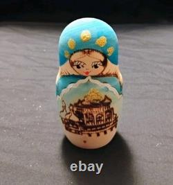 Vtg Beautiful Hand Painted Russian Matryoshka Wooden Nesting Doll Blue & Gold