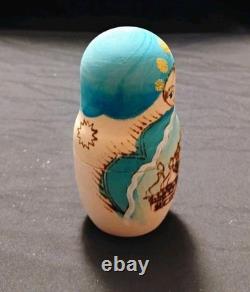 Vtg Beautiful Hand Painted Russian Matryoshka Wooden Nesting Doll Blue & Gold