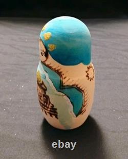 Vtg Beautiful Hand Painted Russian Matryoshka Wooden Nesting Doll Blue & Gold