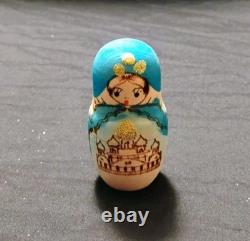 Vtg Beautiful Hand Painted Russian Matryoshka Wooden Nesting Doll Blue & Gold