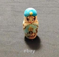 Vtg Beautiful Hand Painted Russian Matryoshka Wooden Nesting Doll Blue & Gold