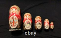 Vtg Beautiful Hand Painted SIGNED Russian Matryoshka Wooden Nesting Doll WINTER