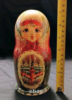 Vtg Beautiful Hand Painted SIGNED Russian Matryoshka Wooden Nesting Doll WINTER