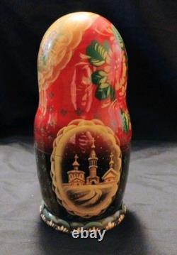 Vtg Beautiful Hand Painted SIGNED Russian Matryoshka Wooden Nesting Doll WINTER
