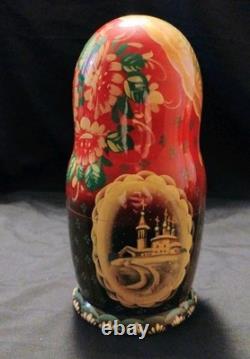 Vtg Beautiful Hand Painted SIGNED Russian Matryoshka Wooden Nesting Doll WINTER
