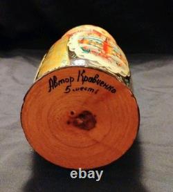 Vtg Beautiful Hand Painted SIGNED Russian Matryoshka Wooden Nesting Doll WINTER