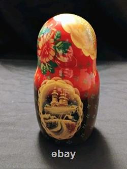 Vtg Beautiful Hand Painted SIGNED Russian Matryoshka Wooden Nesting Doll WINTER