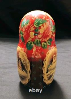 Vtg Beautiful Hand Painted SIGNED Russian Matryoshka Wooden Nesting Doll WINTER