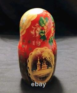 Vtg Beautiful Hand Painted SIGNED Russian Matryoshka Wooden Nesting Doll WINTER