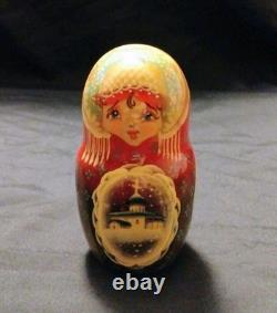 Vtg Beautiful Hand Painted SIGNED Russian Matryoshka Wooden Nesting Doll WINTER