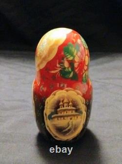 Vtg Beautiful Hand Painted SIGNED Russian Matryoshka Wooden Nesting Doll WINTER