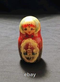 Vtg Beautiful Hand Painted SIGNED Russian Matryoshka Wooden Nesting Doll WINTER