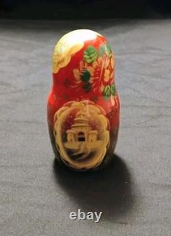 Vtg Beautiful Hand Painted SIGNED Russian Matryoshka Wooden Nesting Doll WINTER