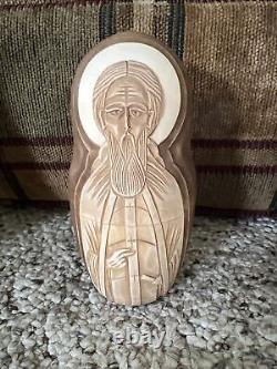Vtg Matryoshka Carved 5 Russian Nesting Dolls Icons Virgin Mary & Christ Saints