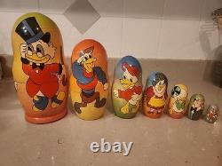Vtg Matryoshka RARE Disney Uncle Scrooge McDuck Fam Nesting Dolls Russian SIGNED