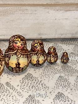 Vtg Rainbow Wood Burned Matryoshka Nesting Russian Dolls 10 Pce 7 Signed