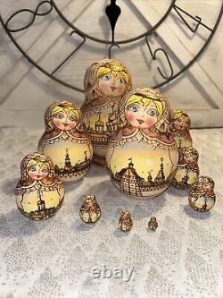 Vtg Rainbow Wood Burned Matryoshka Nesting Russian Dolls 10 Pce 7 Signed