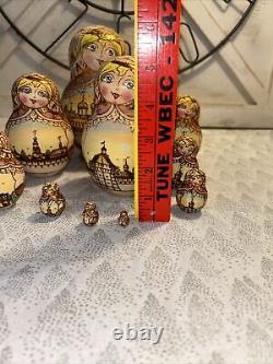 Vtg Rainbow Wood Burned Matryoshka Nesting Russian Dolls 10 Pce 7 Signed