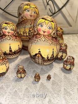 Vtg Rainbow Wood Burned Matryoshka Nesting Russian Dolls 10 Pce 7 Signed