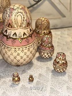 Vtg Rainbow Wood Burned Matryoshka Nesting Russian Dolls 10 Pce 7 Signed