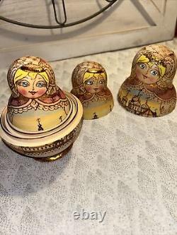 Vtg Rainbow Wood Burned Matryoshka Nesting Russian Dolls 10 Pce 7 Signed