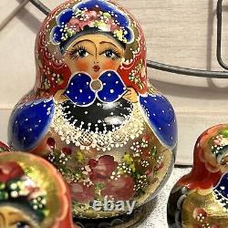 Vtg Russian Hand Painted Matryoshka 10 PCE Nesting Doll 7 Multi-color Signed