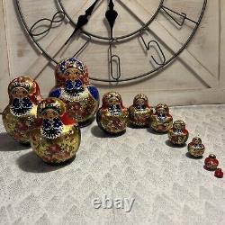 Vtg Russian Hand Painted Matryoshka 10 PCE Nesting Doll 7 Multi-color Signed