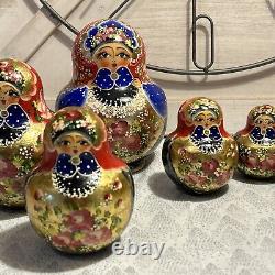 Vtg Russian Hand Painted Matryoshka 10 PCE Nesting Doll 7 Multi-color Signed