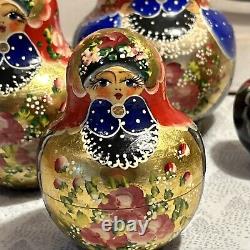 Vtg Russian Hand Painted Matryoshka 10 PCE Nesting Doll 7 Multi-color Signed