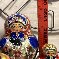 Vtg Russian Hand Painted Matryoshka 10 PCE Nesting Doll 7 Multi-color Signed