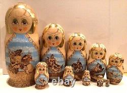 Vtg. Russian Matryoshka 10 Nest. Dollrussian Fairytales Wood Burned Gold 12.5