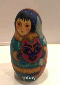 Vtg. Russian Matryoshka 5 Nest Doll Eskimo Family Hand Painted 1998 Signed
