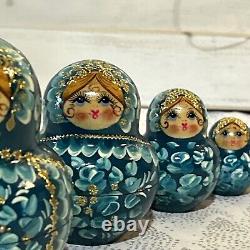 Vtg Russian Matryoshka 5 Nesting Dolls 10 Piece Signed Peacock Blue and Gold