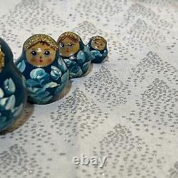 Vtg Russian Matryoshka 5 Nesting Dolls 10 Piece Signed Peacock Blue and Gold