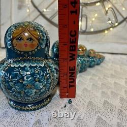 Vtg Russian Matryoshka 5 Nesting Dolls 10 Piece Signed Peacock Blue and Gold