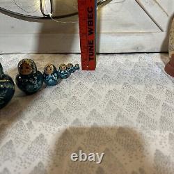 Vtg Russian Matryoshka 5 Nesting Dolls 10 Piece Signed Peacock Blue and Gold