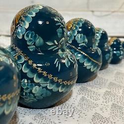 Vtg Russian Matryoshka 5 Nesting Dolls 10 Piece Signed Peacock Blue and Gold