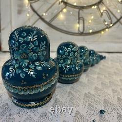 Vtg Russian Matryoshka 5 Nesting Dolls 10 Piece Signed Peacock Blue and Gold