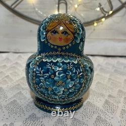 Vtg Russian Matryoshka 5 Nesting Dolls 10 Piece Signed Peacock Blue and Gold