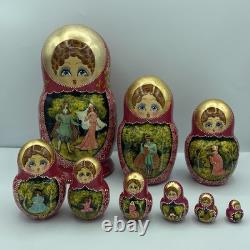 Vtg Russian Matryoshka 9 Nesting Dolls Hand Painted Fairy Tales Scenes & Flowers