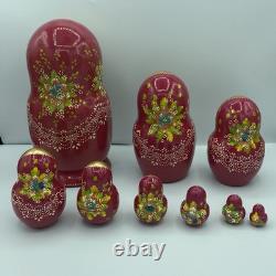 Vtg Russian Matryoshka 9 Nesting Dolls Hand Painted Fairy Tales Scenes & Flowers