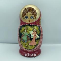 Vtg Russian Matryoshka 9 Nesting Dolls Hand Painted Fairy Tales Scenes & Flowers