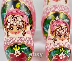 Vtg. Russian Matryoshka Nesting Dolls Wood Hand Painted Gilt Signed 12 in