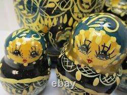 Vtg Russian Nesting Doll 10 pc LARGE Matryoshka Cobalt Blue Gold Florals Signed