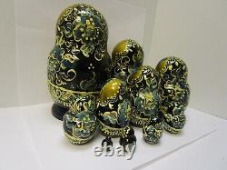 Vtg Russian Nesting Doll 10 pc LARGE Matryoshka Cobalt Blue Gold Florals Signed
