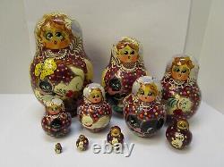 Vtg Russian Nesting Doll 10 pc LARGE Matryoshka Kittens Polka Dots Signed 1996