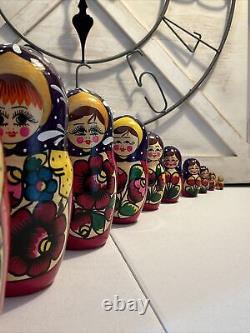 Vtg Russian Traditional Matryoshka Hand Painted Nesting Doll 10 Pce 10 Tall