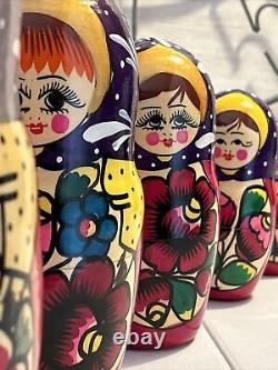 Vtg Russian Traditional Matryoshka Hand Painted Nesting Doll 10 Pce 10 Tall